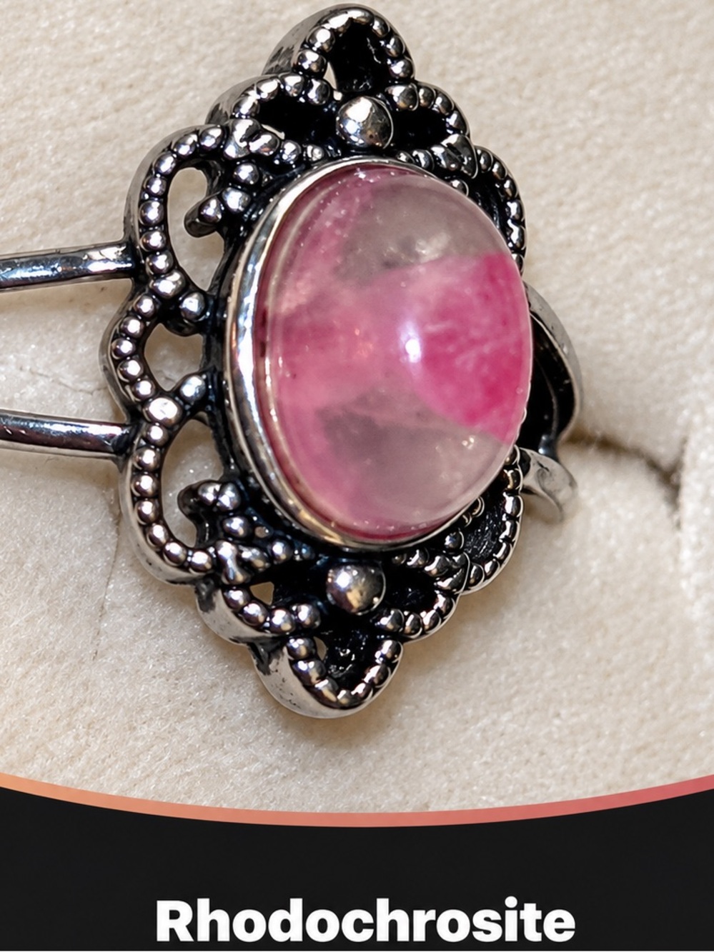 Silver Rhodochrosite Oval Ring - Pink and White Stone